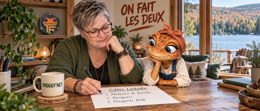 Prospection LinkedIn chez Froggy : Valérie et Mini Froggy écrivent les cibles, médecins de famille, designers et prospects B2B