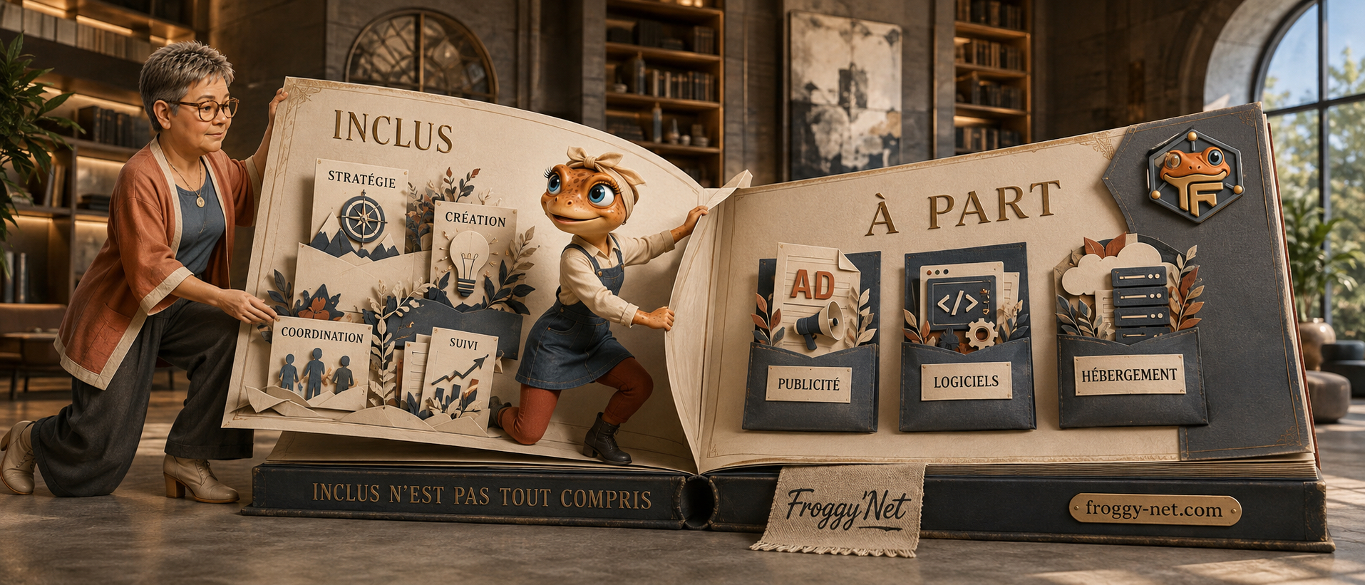 Valérie et Mini Froggy ouvrent un livre-contrat 3D qui sépare les services inclus de la publicité, des logiciels et de l'hébergement payés à part.