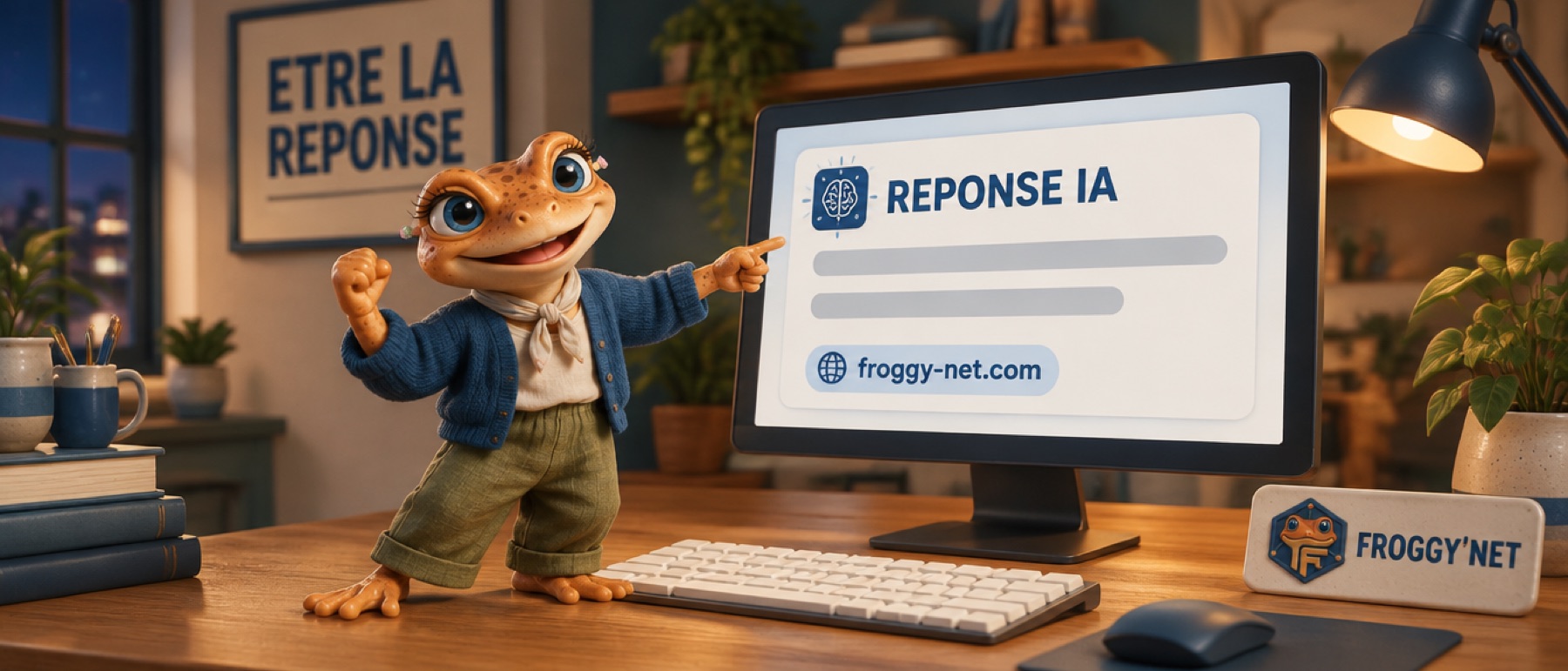 Être cité dans les aperçus IA : Mini Froggy devant un écran où la réponse IA cite froggy-net.com