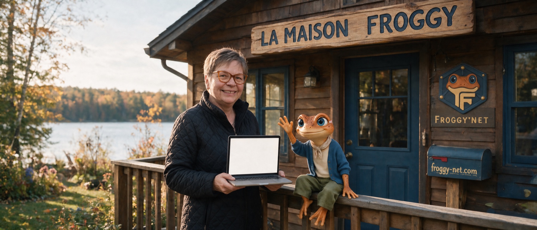 Valérie et Mini Froggy accueillent sur la galerie, enseigne en bois « La Maison Froggy »