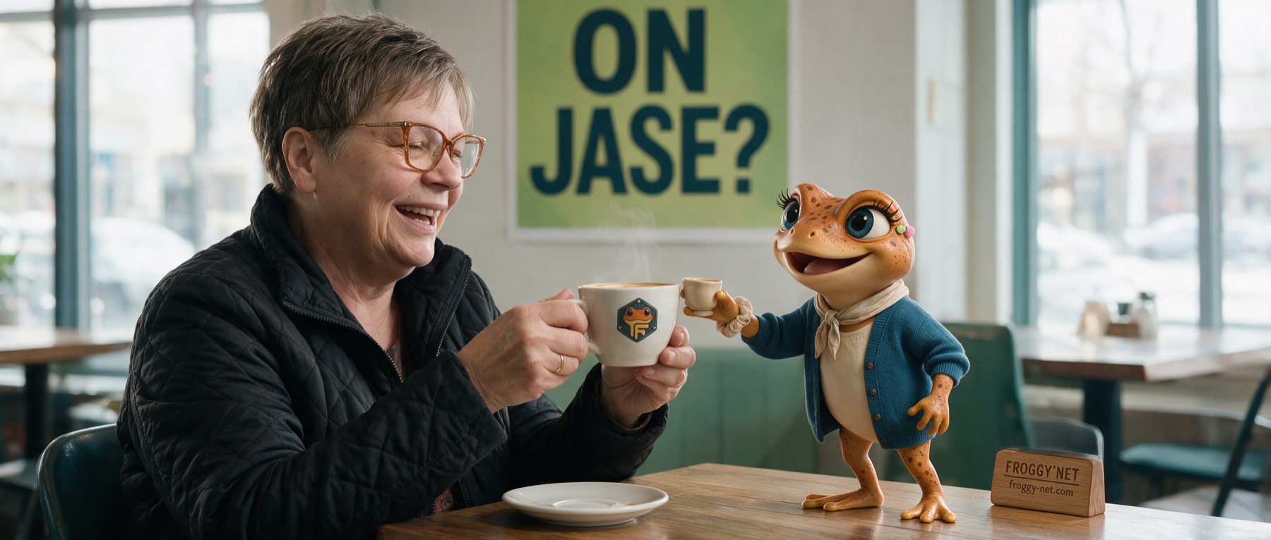 Agence SEO ou faire soi-même : Valérie trinque avec Mini Froggy au café sous l'affiche On jase?