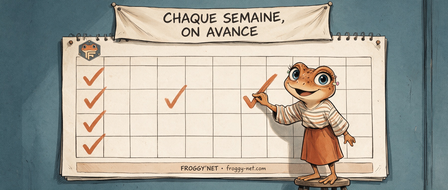 Mini Froggy coche chaque semaine du calendrier sous la banderole « Chaque semaine, on avance »