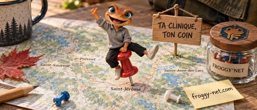 Marketing santé dans les Laurentides : Mini Froggy plante une punaise sur Saint-Jérôme, près de Prévost et Sainte-Anne-des-Lacs