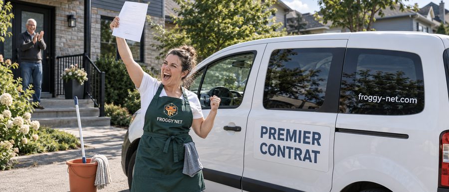 Entrepreneure en nettoyage à Mirabel qui célèbre son premier contrat, un exemple pour trouver ses premiers clients