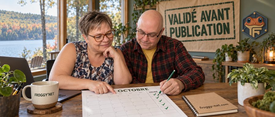 Méthode Froggy : Valérie et Daniel cochent « validé » sur le calendrier de publications d'une clinique, à Sainte-Anne-des-Lacs