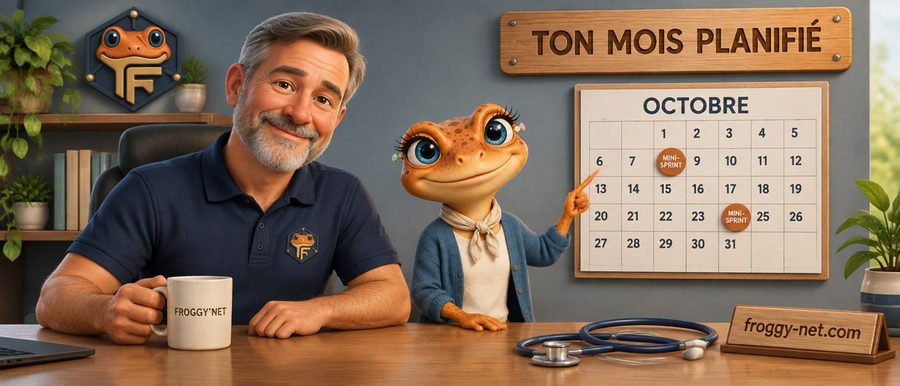 Vidéo réseaux sociaux clinique déléguée : un chiropraticien et Mini Froggy devant un calendrier avec deux mini-sprints, affiche « Ton mois planifié »