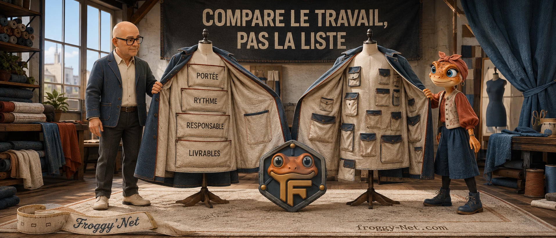 Daniel et Mini Froggy ouvrent la doublure de deux manteaux-propositions pour comparer leur portée, leur rythme, les responsabilités et les livrables réels.