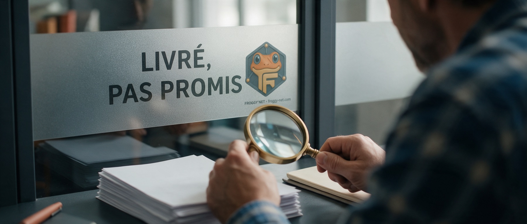 Un entrepreneur compare deux soumissions SEO à la loupe devant la vitre « Livré, pas promis »