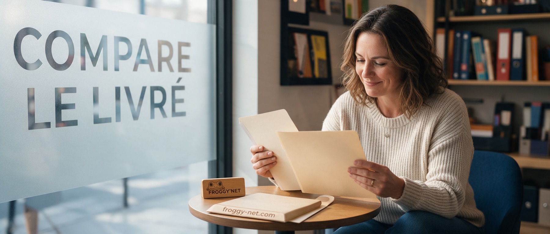 Une propriétaire de boutique compare deux soumissions derrière la vitre sablée « Compare le livré »