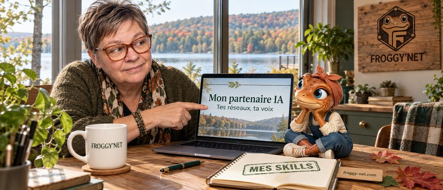 Faire connaître son entreprise avec l'IA : Valérie montre son partenaire IA à Mini Froggy au bord du lac à Sainte-Anne-des-Lacs