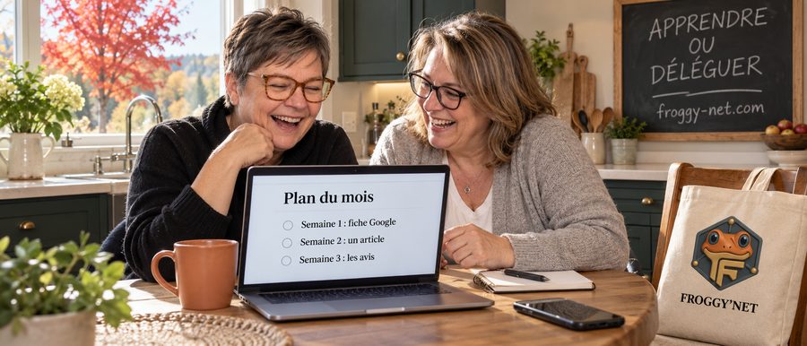 Marketing santé, apprendre ou déléguer : Valérie et une propriétaire de clinique rient devant leur plan du mois