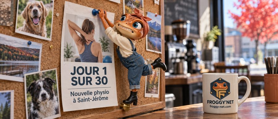 Mini Froggy accroche l'affiche Jour 1 sur 30 d'une nouvelle physio à Saint-Jérôme au babillard d'un café