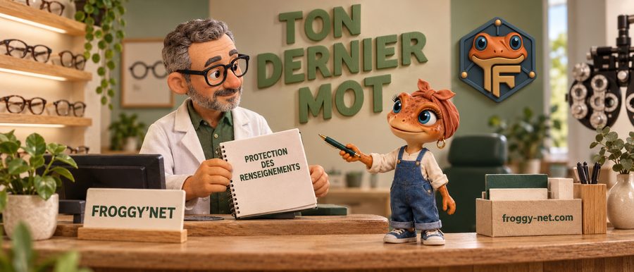 Réseaux sociaux clinique loi 25 : un optométriste de Laval tient le carnet de protection des renseignements, Mini Froggy lui tend un stylo
