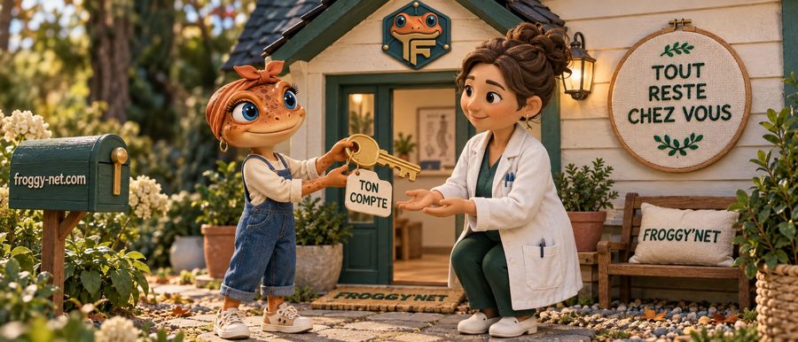 Waalaxy ou agence : chez Froggy, Mini Froggy remet la clé de son compte à une propriétaire de clinique, tout reste chez vous