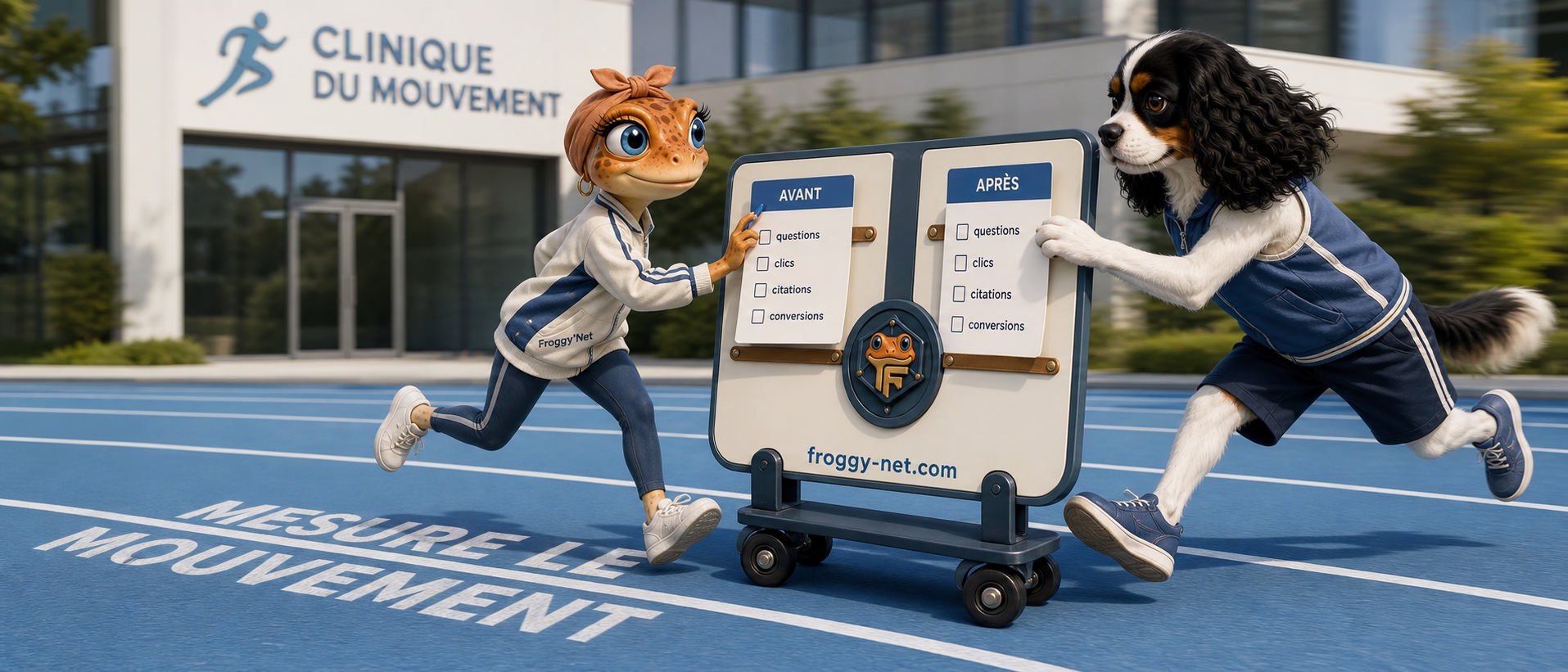 Baloo court sur une piste devant une clinique du mouvement tandis que Mini Froggy mesure le progrès