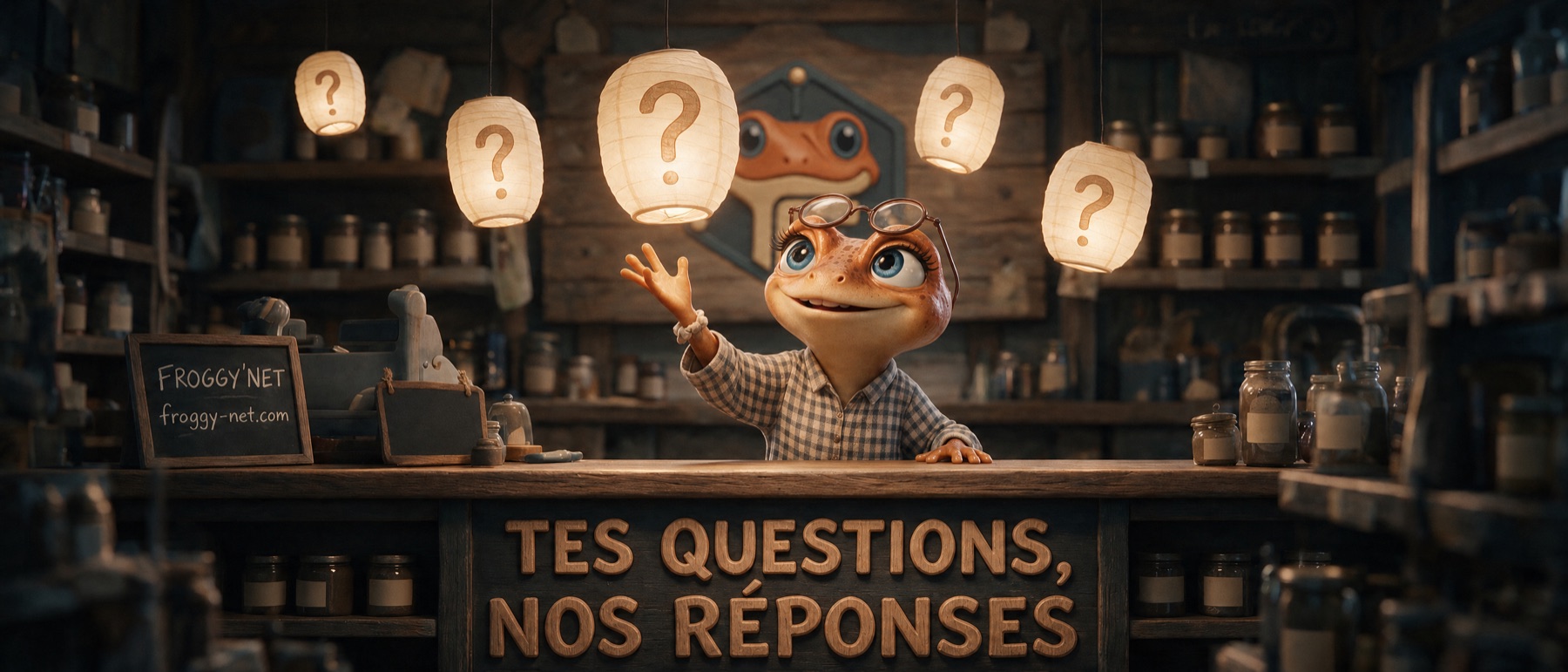 Mini Froggy sous des lanternes en point d'interrogation, comptoir « Tes questions, nos réponses »
