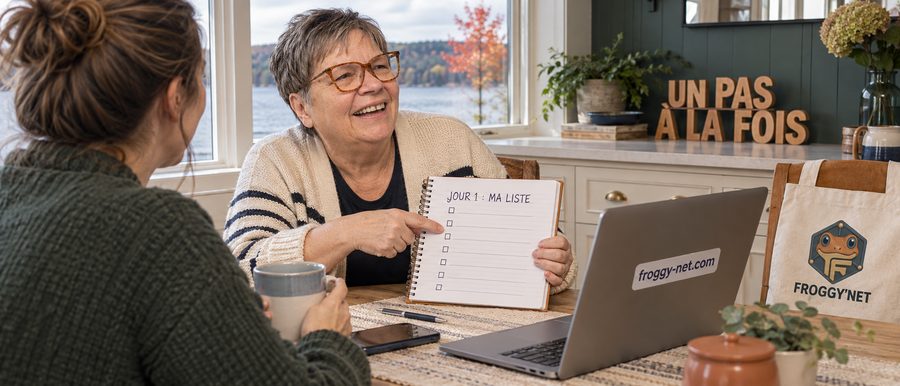 Valérie Payotte en coaching à Sainte-Anne-des-Lacs avec une entrepreneure qui veut trouver ses premiers clients