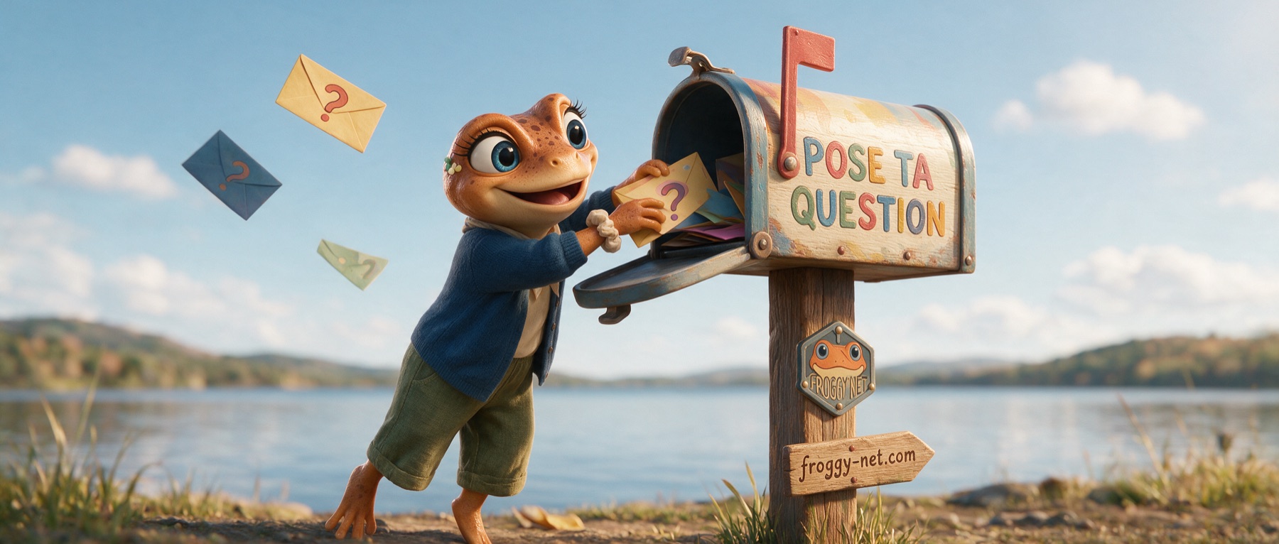 Mini Froggy sort des enveloppes en point d'interrogation d'une boîte aux lettres « Pose ta question » au bord d'un lac