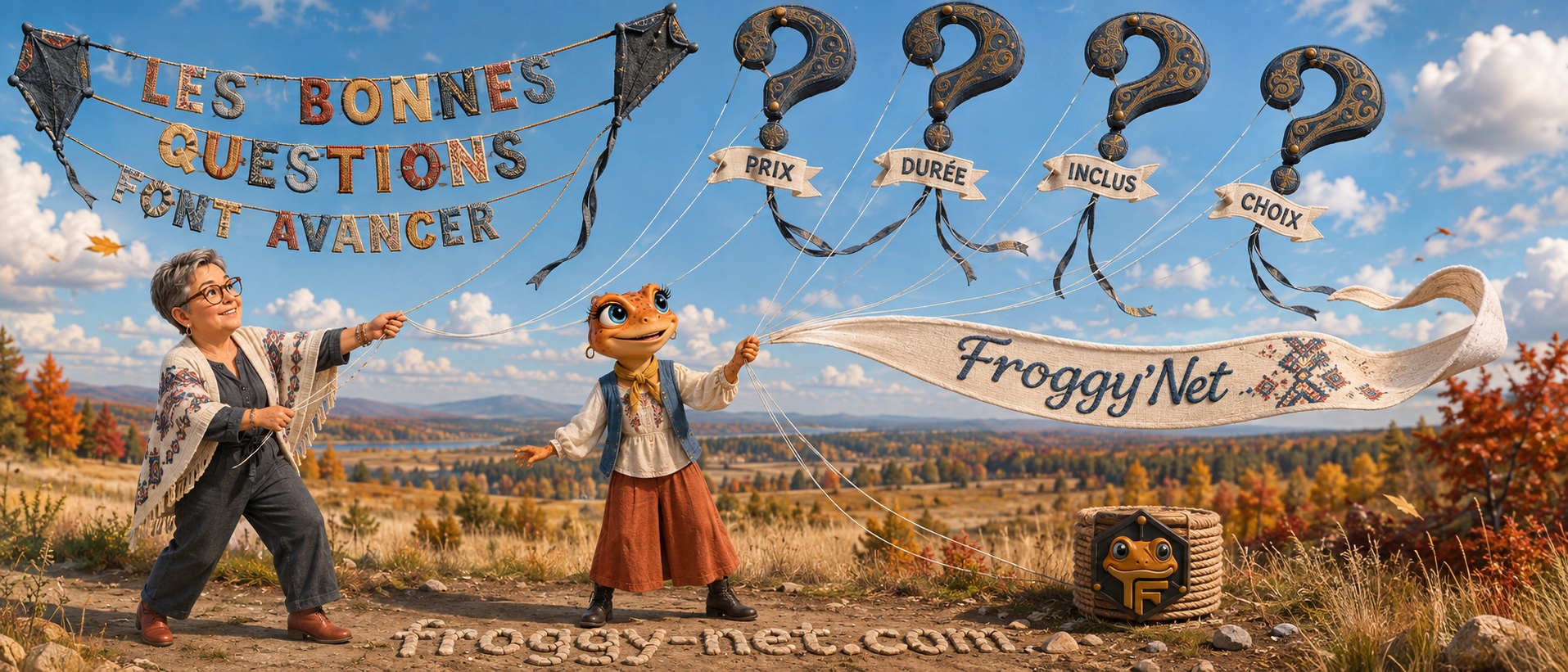 Valérie et Mini Froggy font voler quatre cerfs-volants en forme de point d'interrogation sur le prix, la durée, ce qui est inclus et le choix d'un accompagnement.