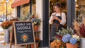 Fleuriste de Saint-Jérôme devant sa boutique, ardoise sur la façon d’être visible sur Google gratuitement