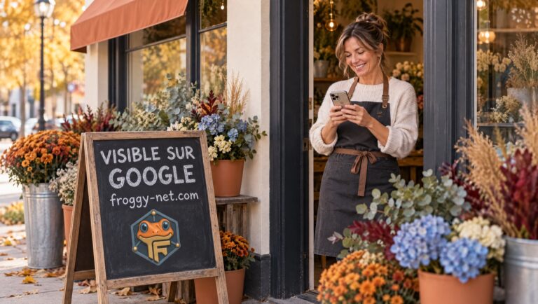 Fleuriste de Saint-Jérôme devant sa boutique, ardoise sur la façon d’être visible sur Google gratuitement