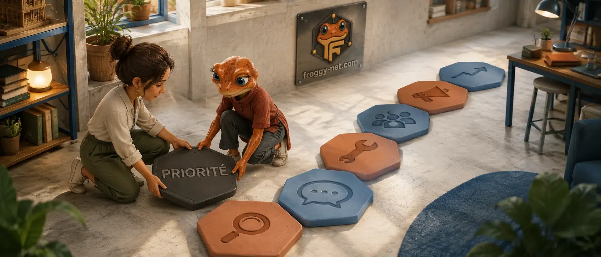 Mini Froggy et une entrepreneure choisissent une première priorité parmi plusieurs actions.