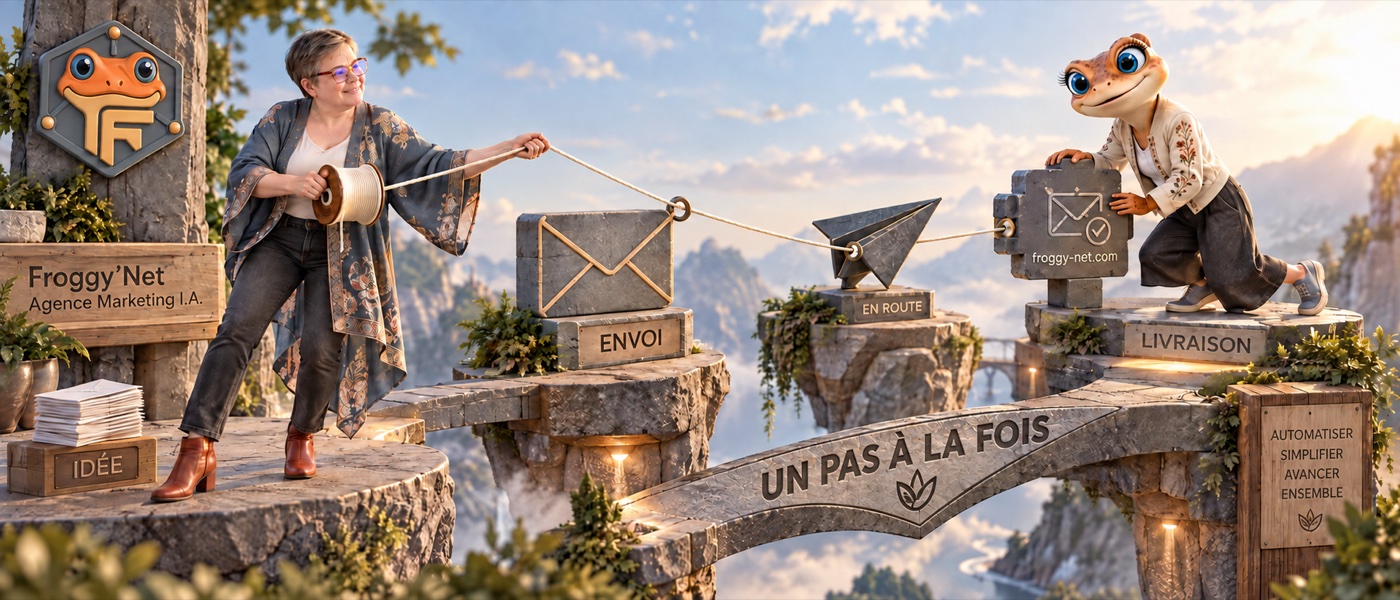 Val et Mini relient les étapes d’un courriel par un fil lisible.