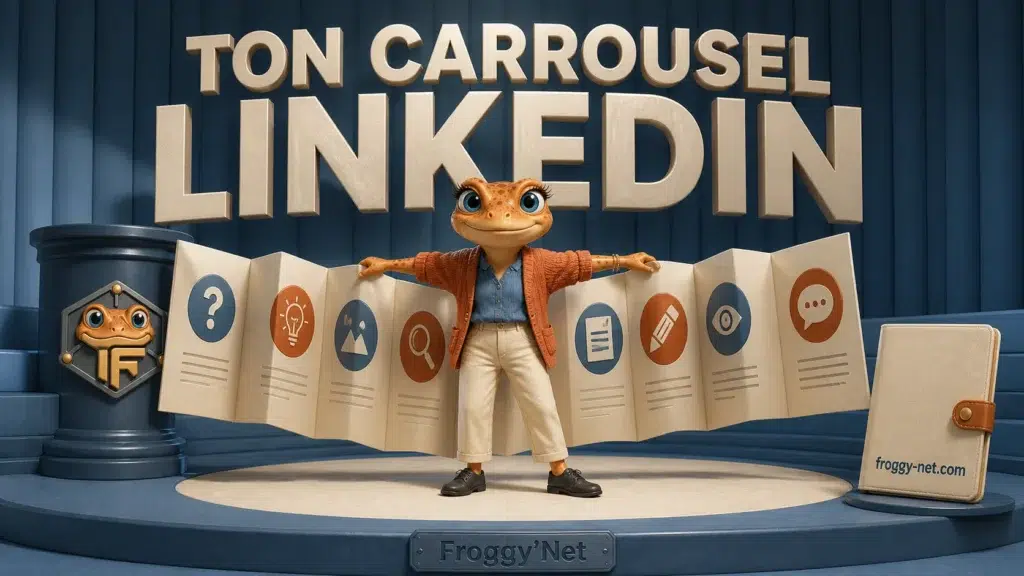 Mini Froggy déplie les pages d’un carrousel LinkedIn pour transformer une idée en histoire.