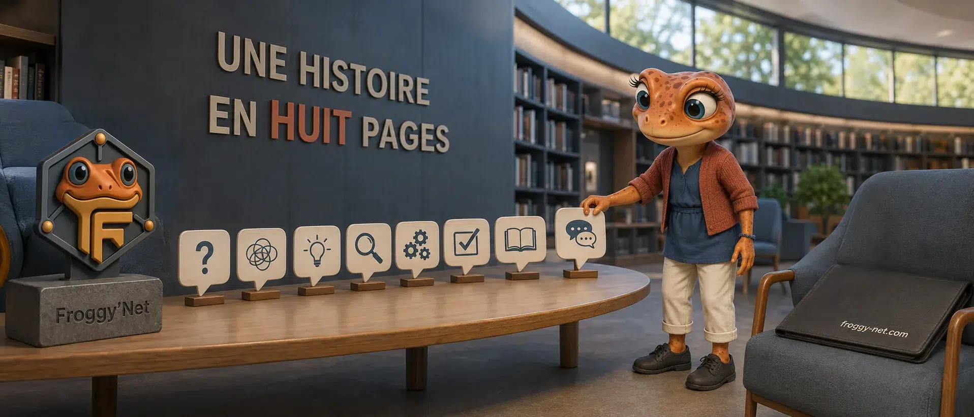 Mini Froggy organise huit pages pour raconter une histoire dans un carrousel LinkedIn.