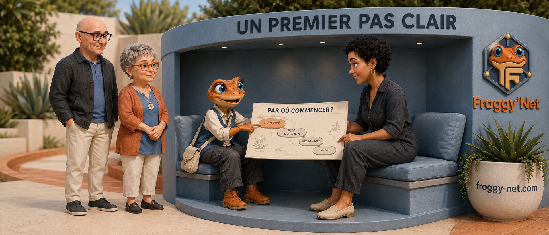 Mini échange avec une entrepreneure fictive, accompagnés de Val et Dan, pour choisir le premier pas.