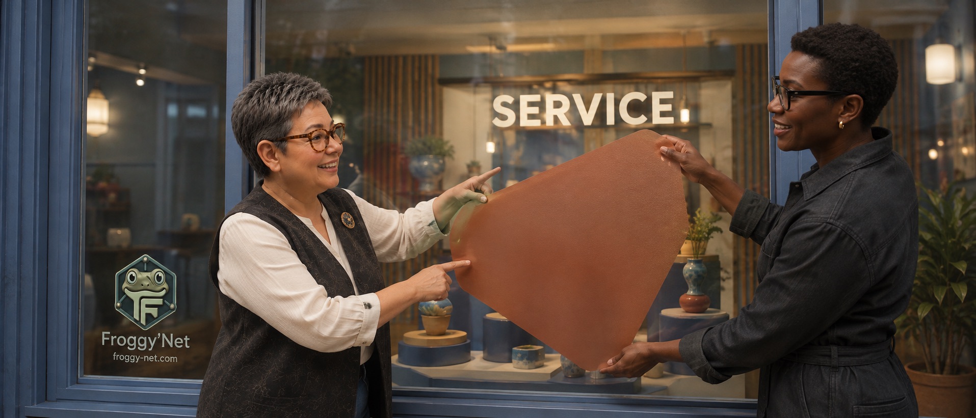 Val et une entrepreneure fictive dégagent la vitrine pour rendre le service visible.