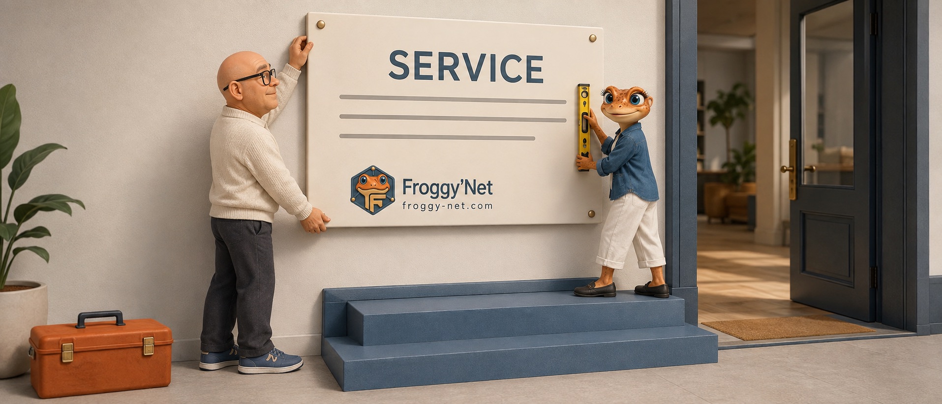 Dan et Mini terminent l’installation d’un panneau de service dans une entrée.