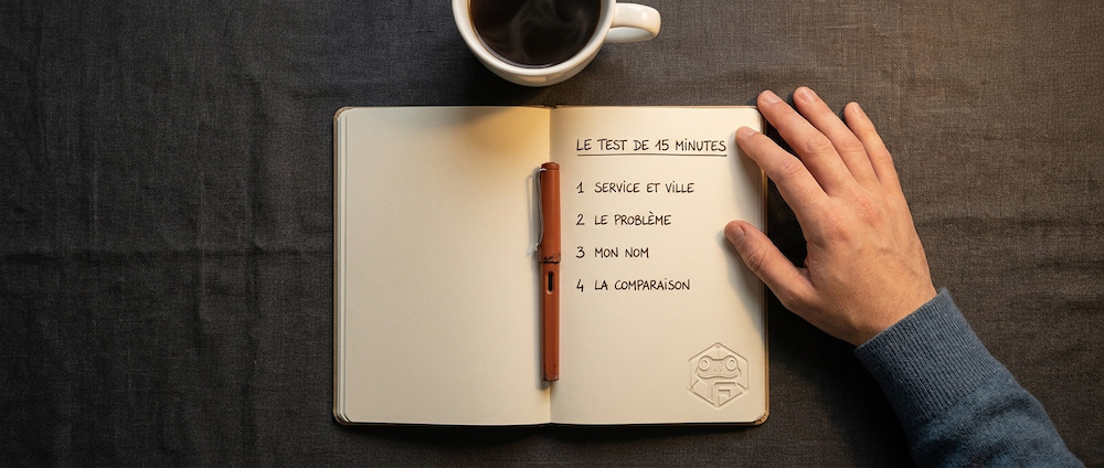 Le test de 15 minutes noté dans un carnet avec ses quatre questions