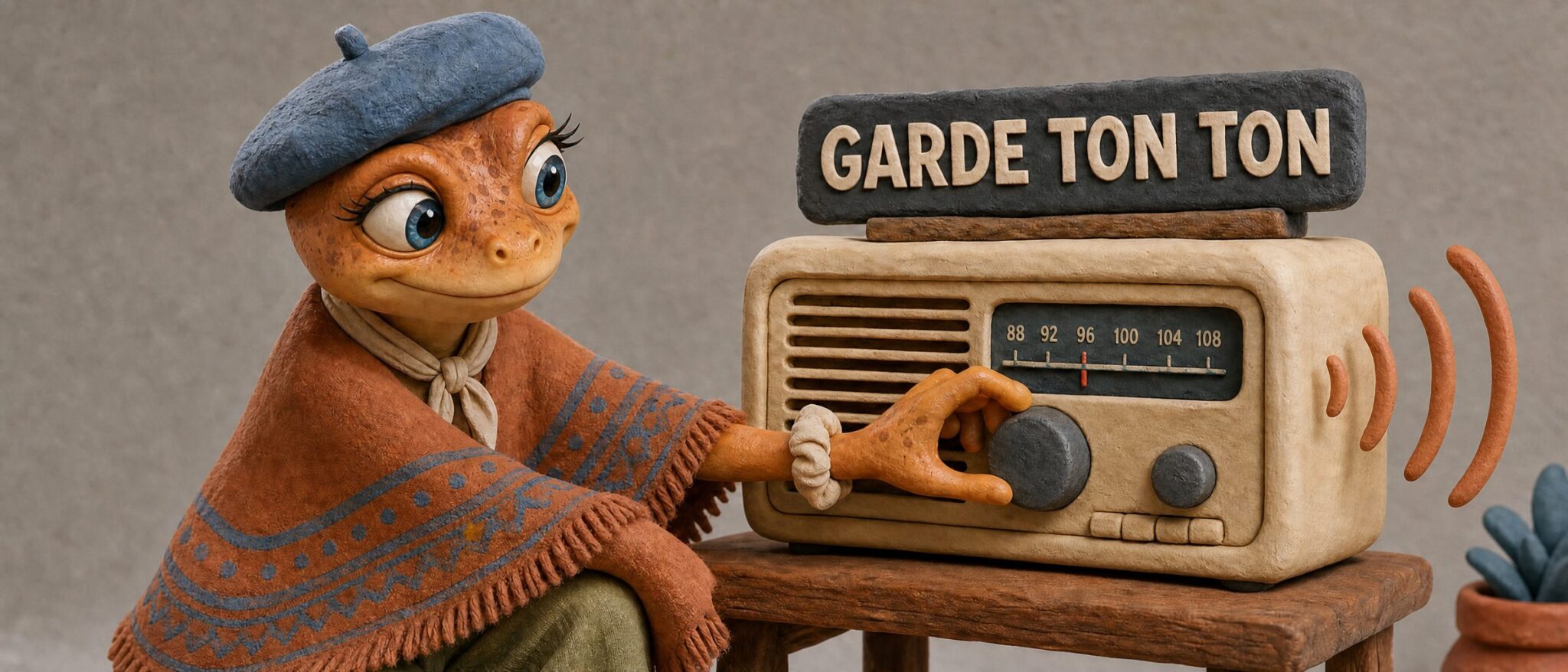 Contenu pour ChatGPT : Mini Froggy règle la radio pour garder son ton