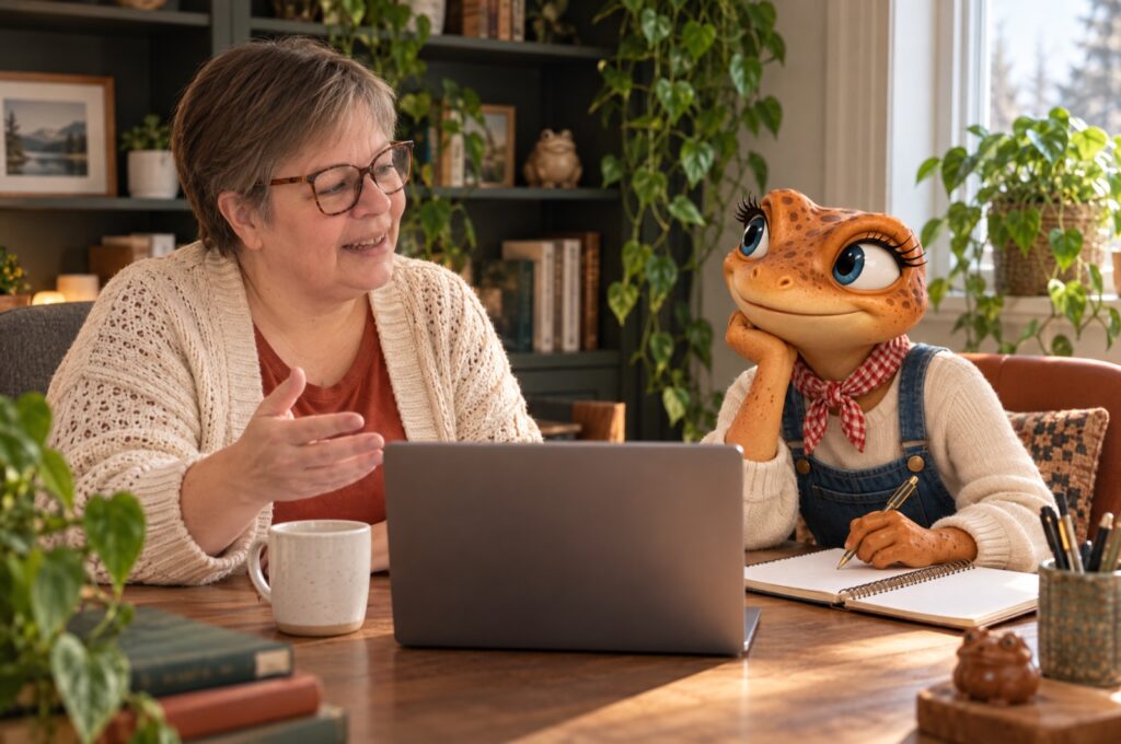 Valérie Payotte explique sa méthode marketing à Mini Froggy, qui prend des notes à son bureau de la Maison Froggy, scène créée avec l’IA