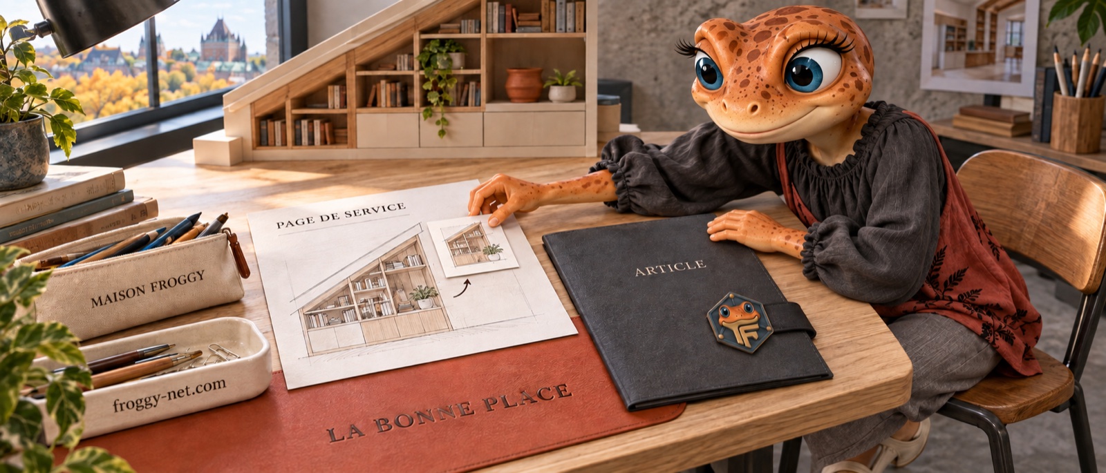 Mini Froggy choisit une page de service pour expliquer le projet de bibliothèque sous pente.