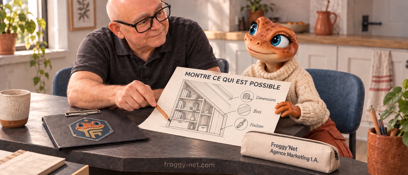 Daniel et Mini Froggy examinent les dimensions, le bois et la finition d’un projet sur mesure.