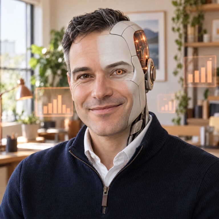Bruno, l’agent IA SEA de Froggy’Net pour Google Ads, portrait d’androïde créé avec l’IA