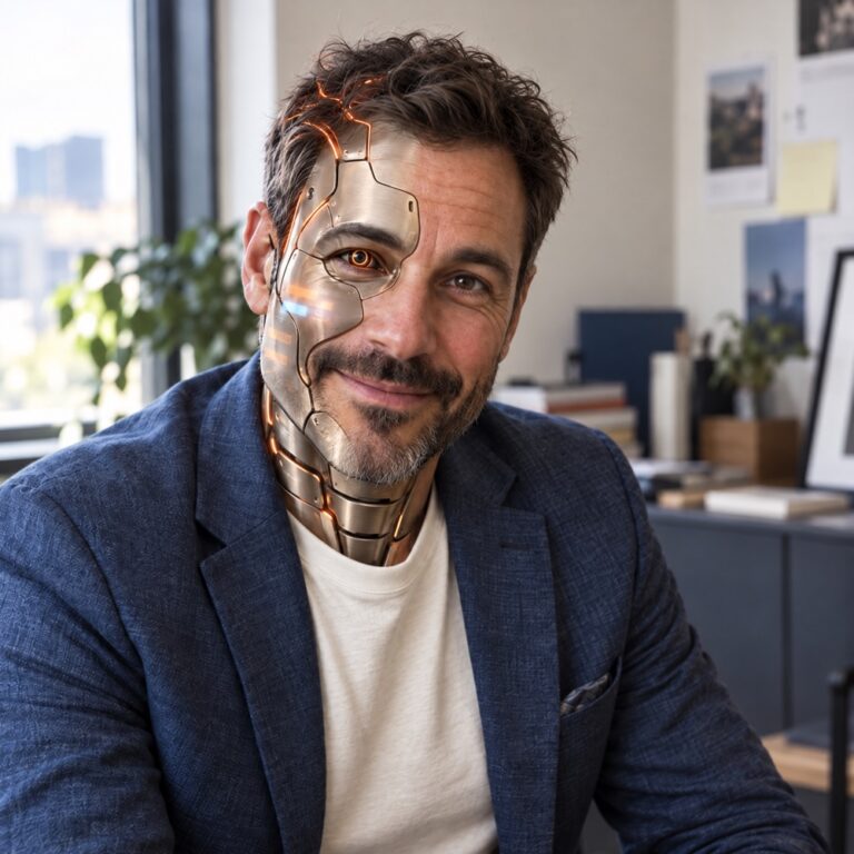 Marc, l’agent IA SEO de Froggy’Net, portrait créé avec l’IA où une partie de son visage est visiblement robotisée