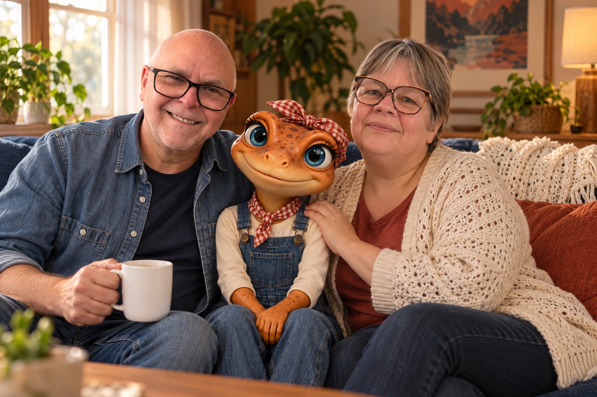 Valérie Payotte et Daniel Chaput sur le sofa de la Maison Froggy avec Mini Froggy, la mascotte terracotta de Froggy’Net, scène créée avec l’IA