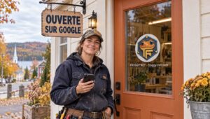 Toiletteuse mobile de Mirabel qui crée sa fiche d’établissement Google sur son téléphone