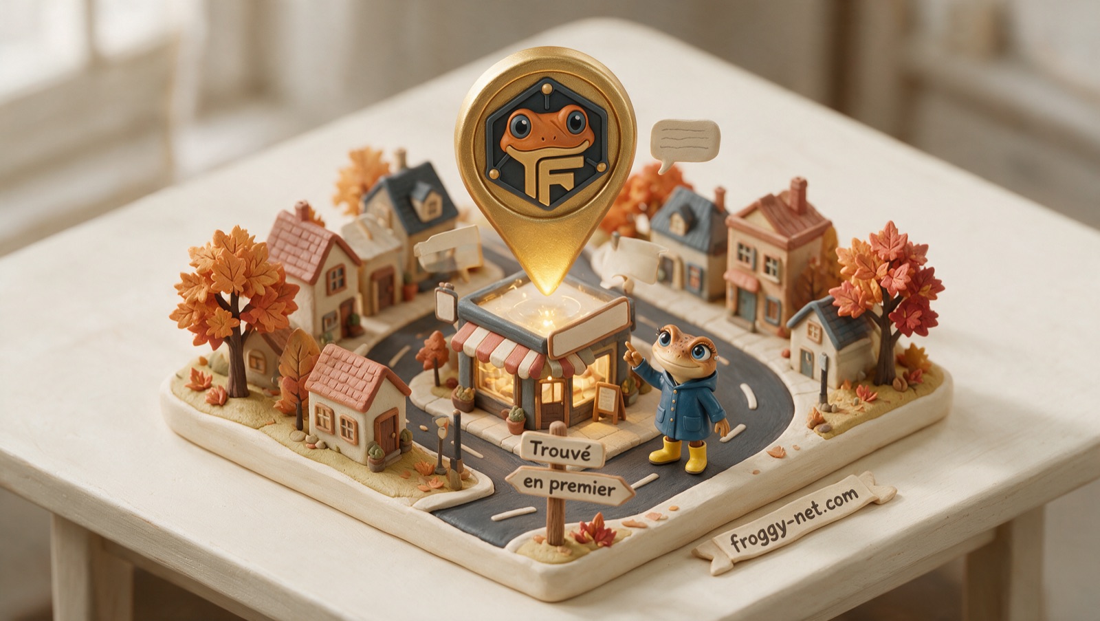 Diorama d’une ville québécoise où Mini Froggy montre l’entreprise trouvée en premier