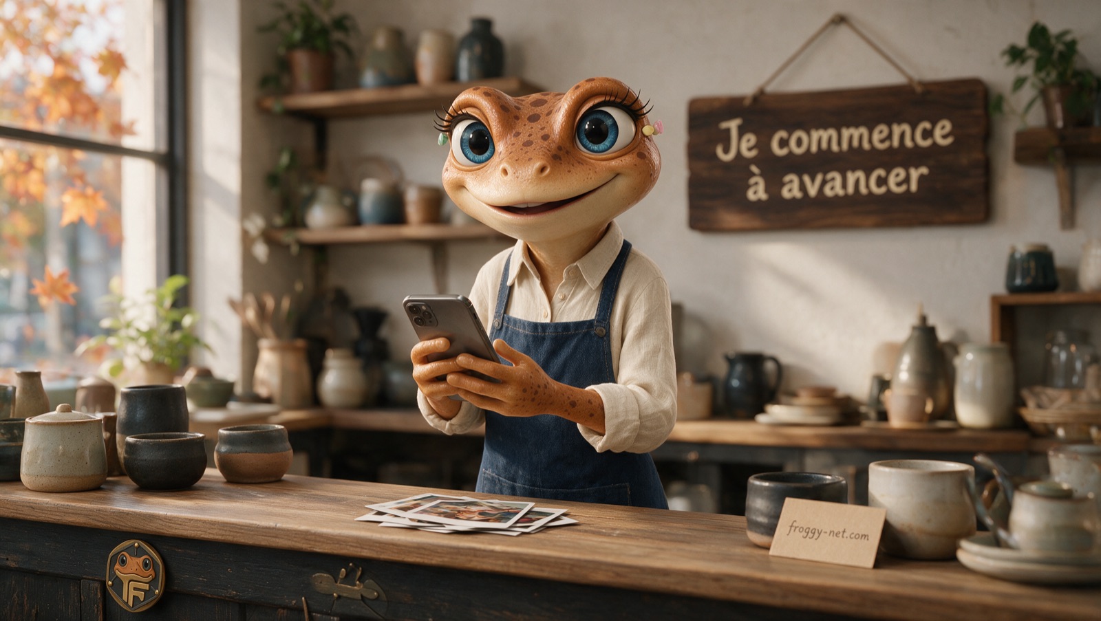Mini Froggy, mascotte de Maison Froggy, prépare des publications derrière le comptoir d’une boutique québécoise