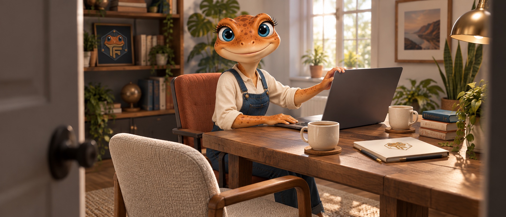 Mini Froggy prépare son ordinateur et son café pour une rencontre