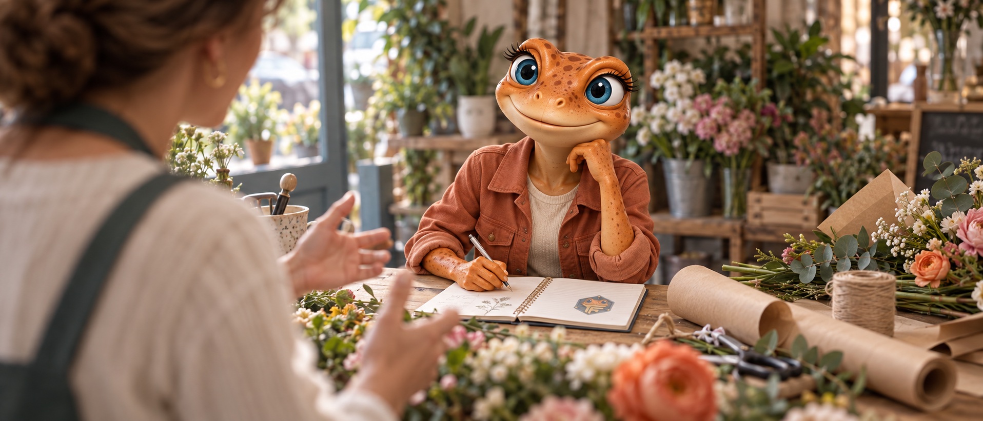 Mini Froggy écoute une fleuriste pour comprendre son entreprise