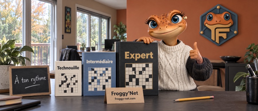 Mini Froggy devant les trois niveaux des mots croisés : Technouille, Intermédiaire et Expert