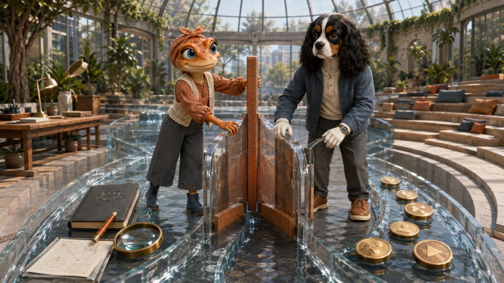 Mini Froggy et Baloo séparent les honoraires marketing du budget publicitaire dans un atelier vitré.