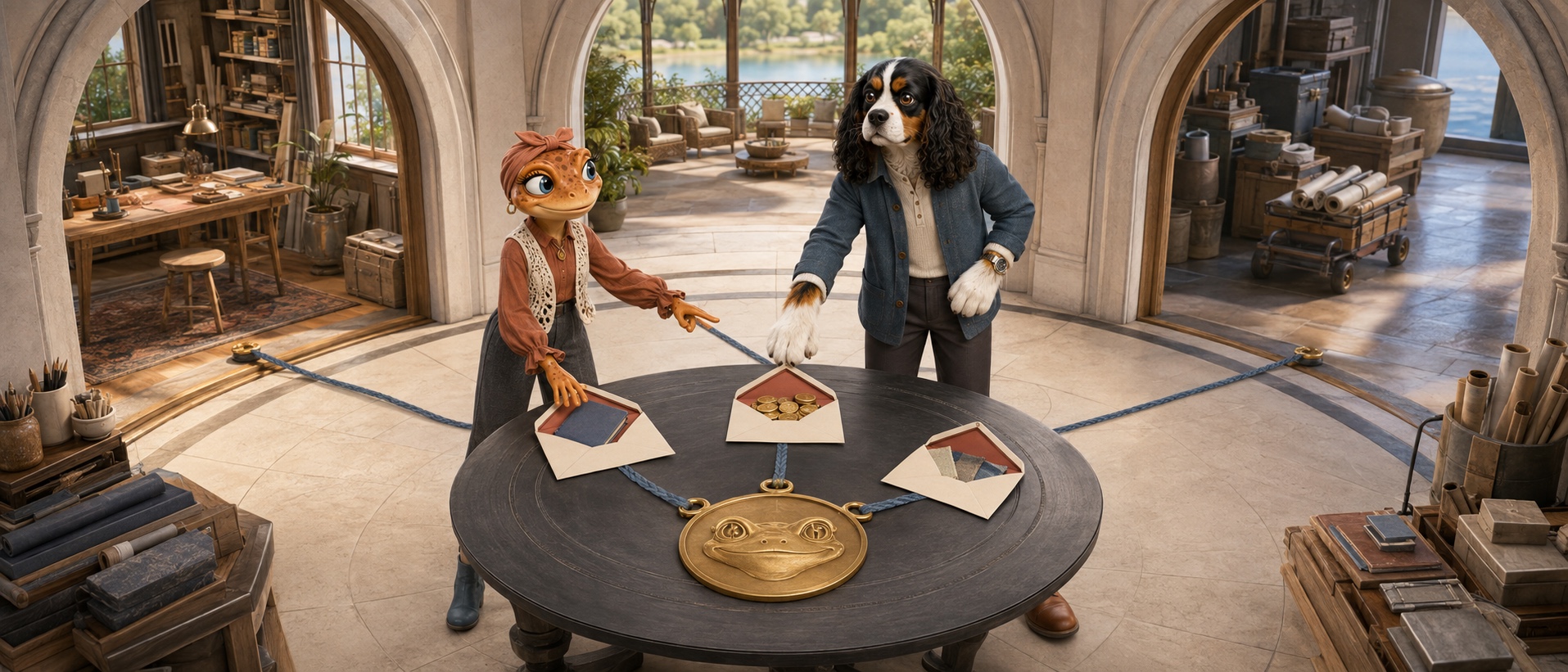 Mini Froggy et Baloo dirigent trois enveloppes vers l’atelier, la diffusion et les fournisseurs.