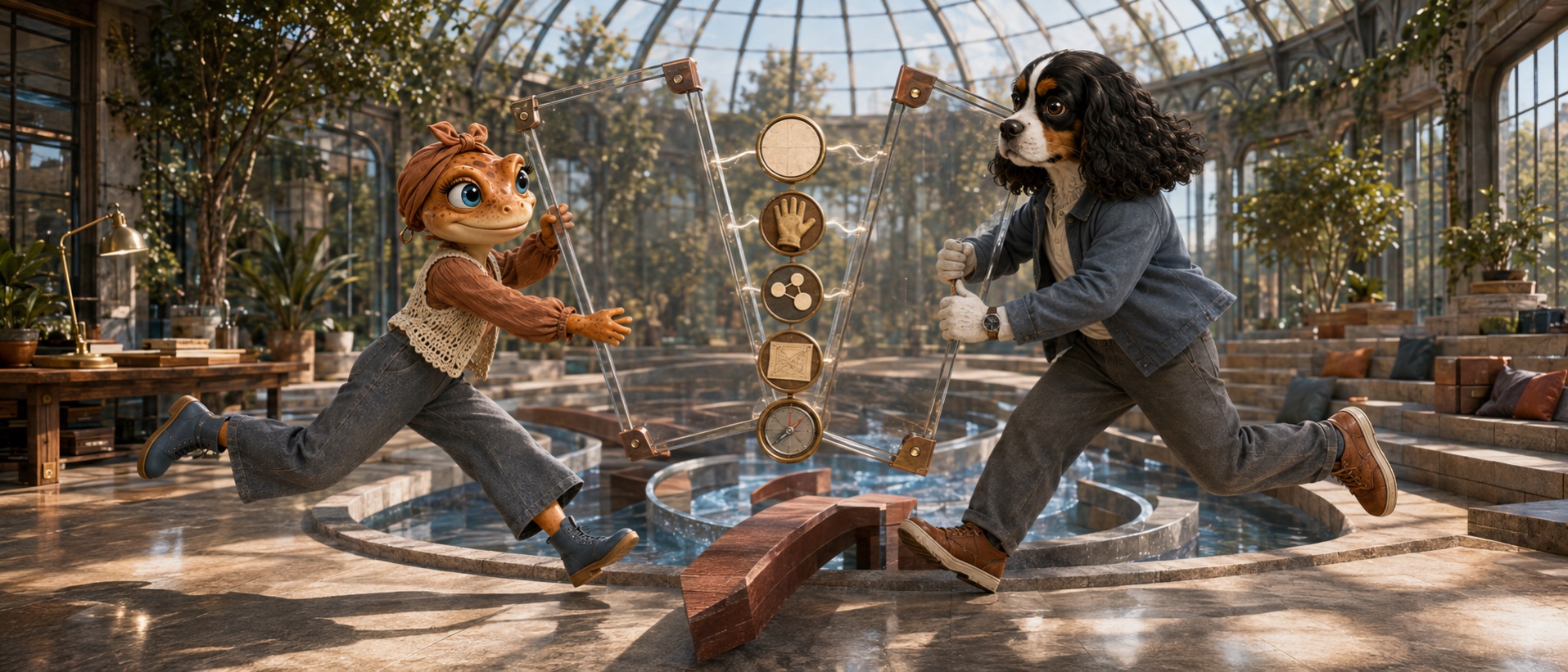 Mini Froggy et Baloo alignent deux cadres transparents pour comparer les mêmes éléments d’une proposition.
