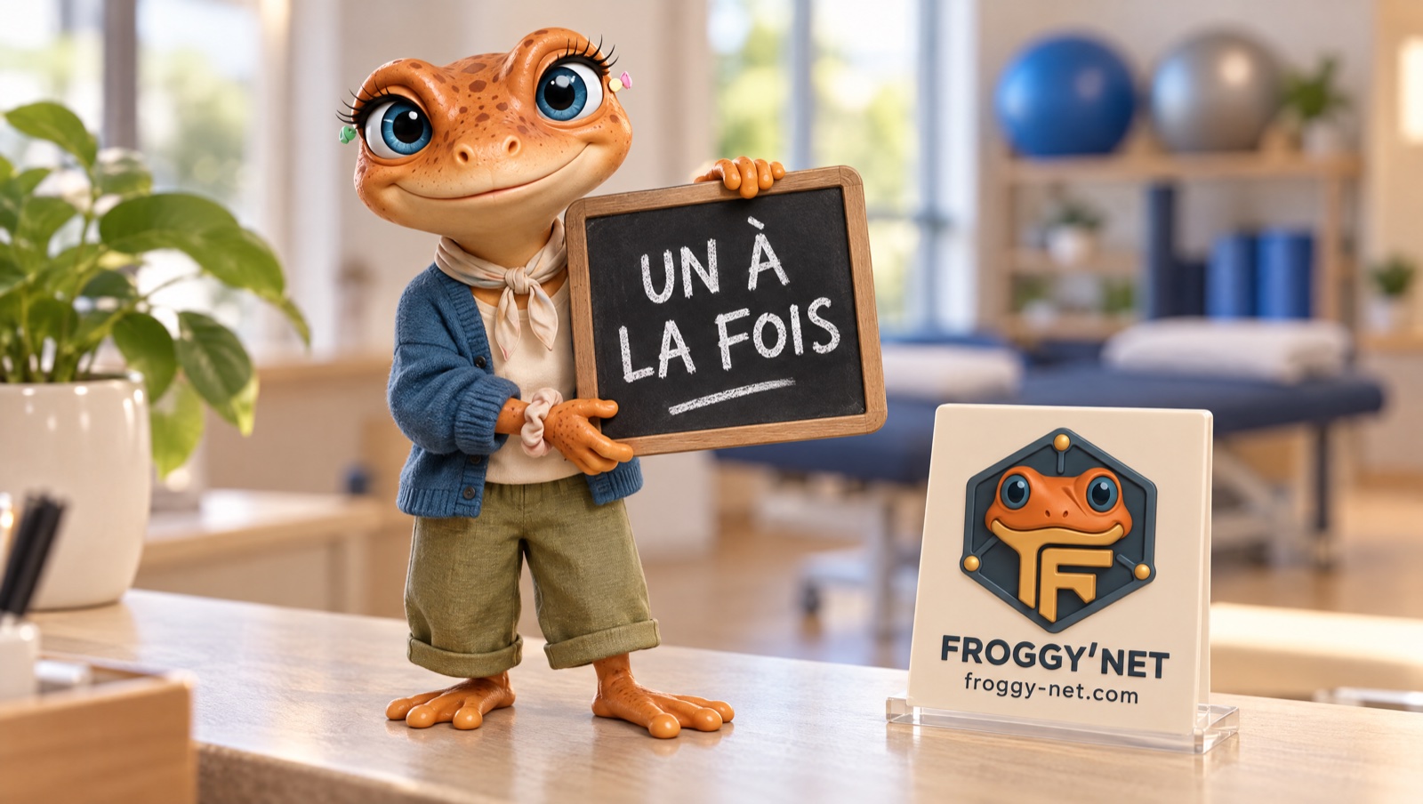 Mini Froggy sur le comptoir d’une clinique de physio avec une ardoise « UN À LA FOIS »